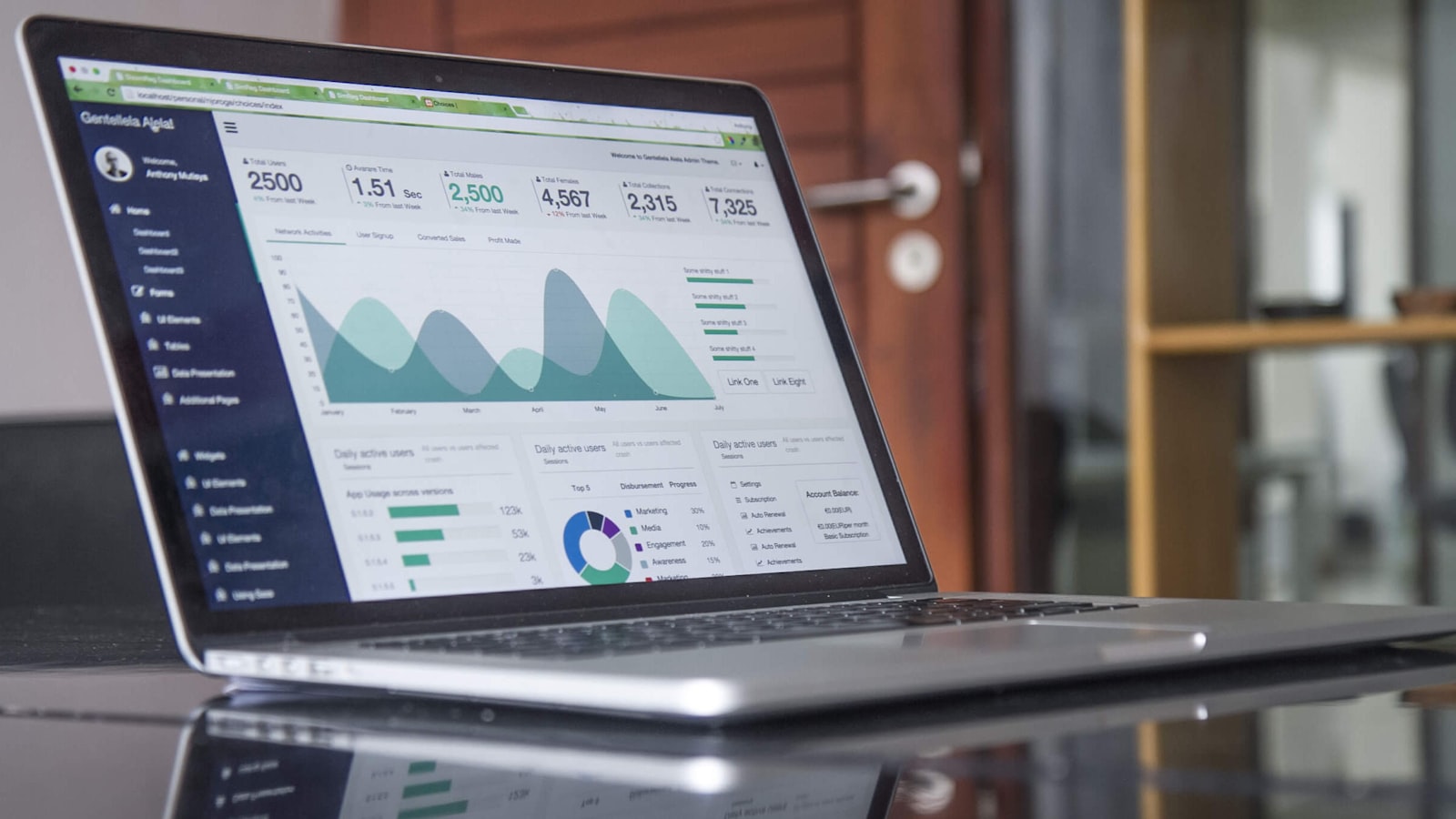 A laptop on a desk showing an analytics dashboard with charts and KPIs — evaluating property management software.