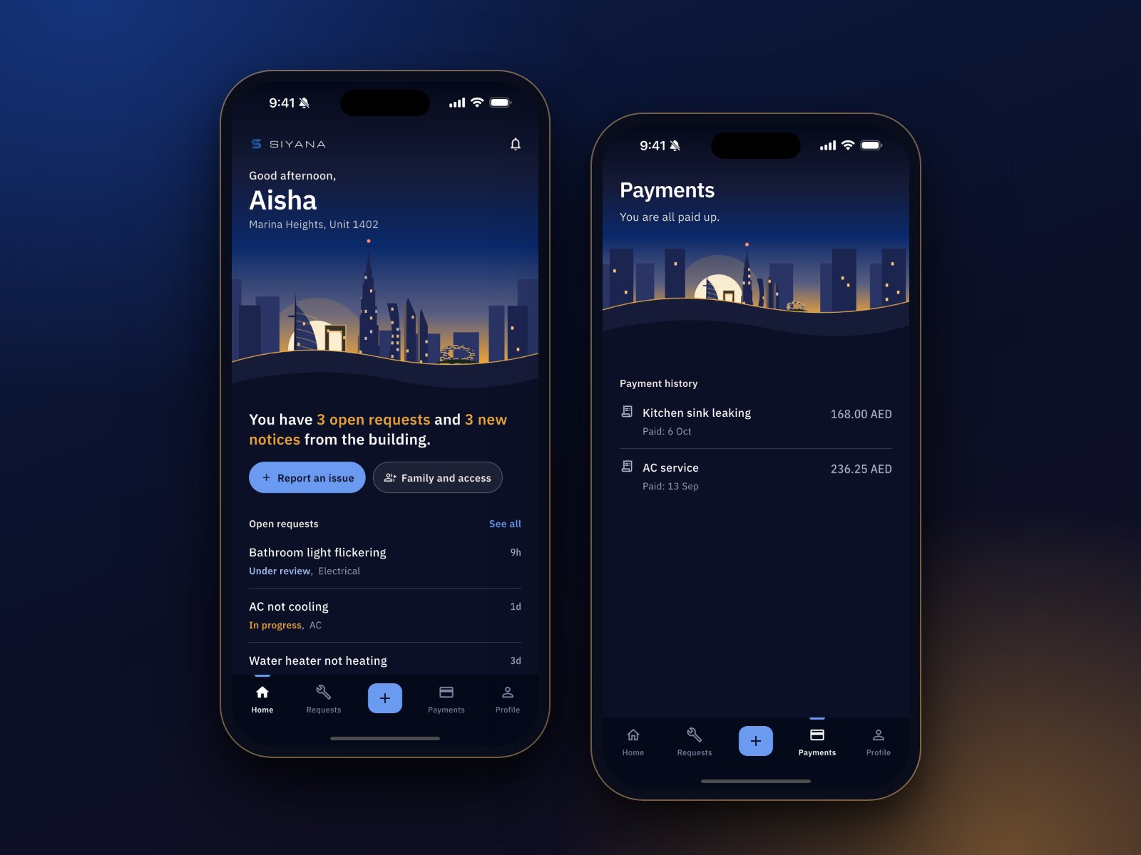 The Siyana resident app: the home screen with open requests, and the payments screen with paid repair bills
