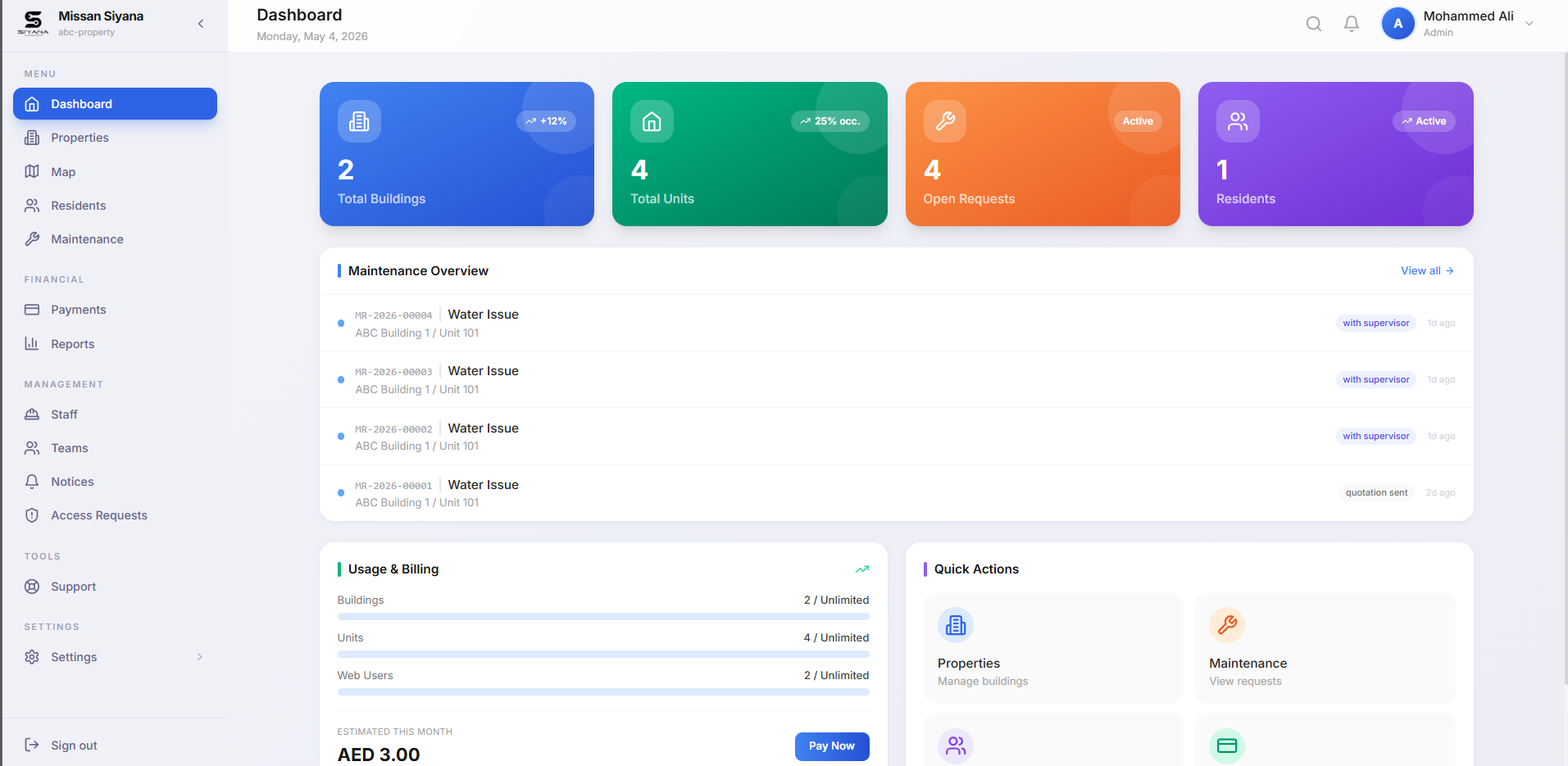 The Siyana operator portal dashboard — total buildings, units, open requests, and residents at a glance.